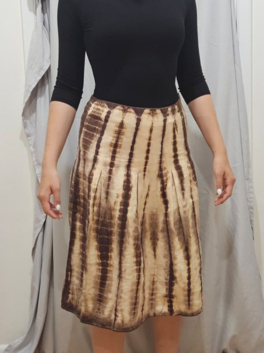 Midi Tie-Dye Linen Skirt in Brown and Cream
